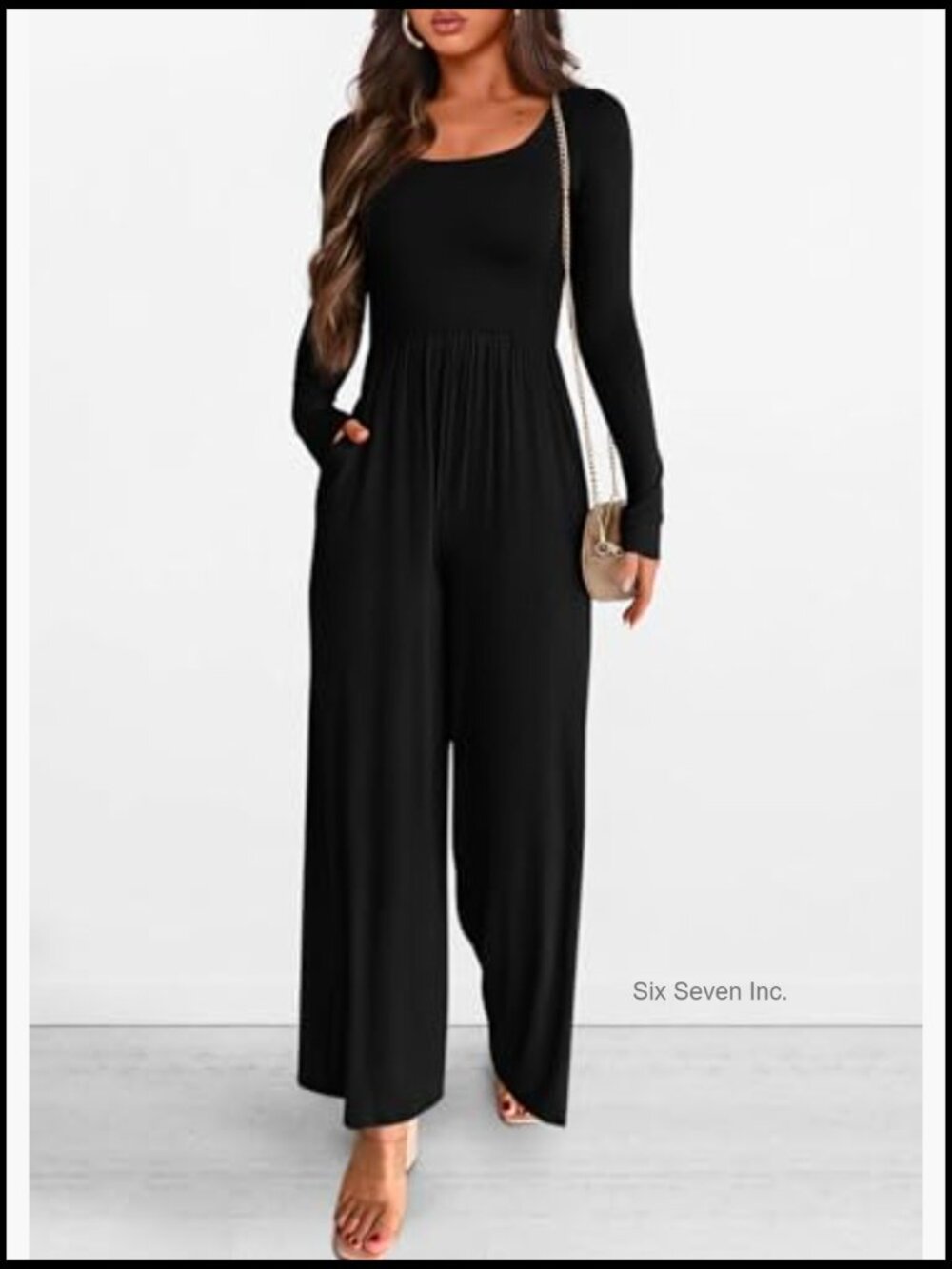 Long Sleeve Jumpsuit for Women Square Neck Wide Leg Pockets Romper - Picture 4 of 7